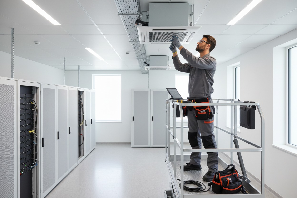 A technician stands on a scissor lift in a server room, working on a ceiling ventilation unit.
